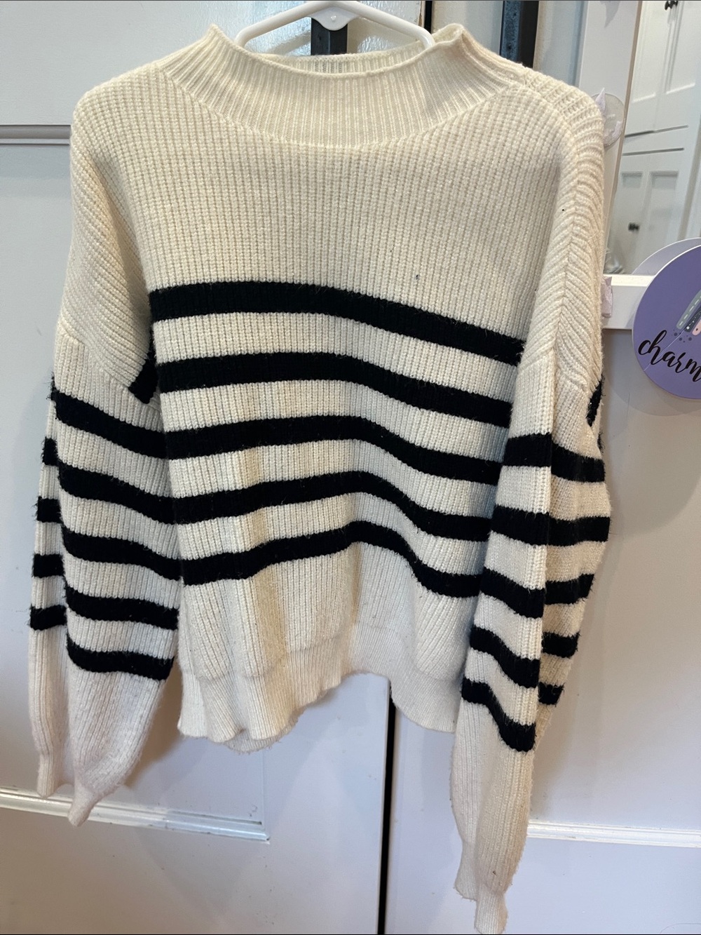 Zara Black and Cream Striped Ribbed Crewneck Sweater